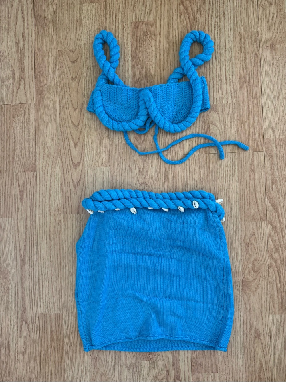 Crochet Rope-Trim Bikini Top and Skirt Set